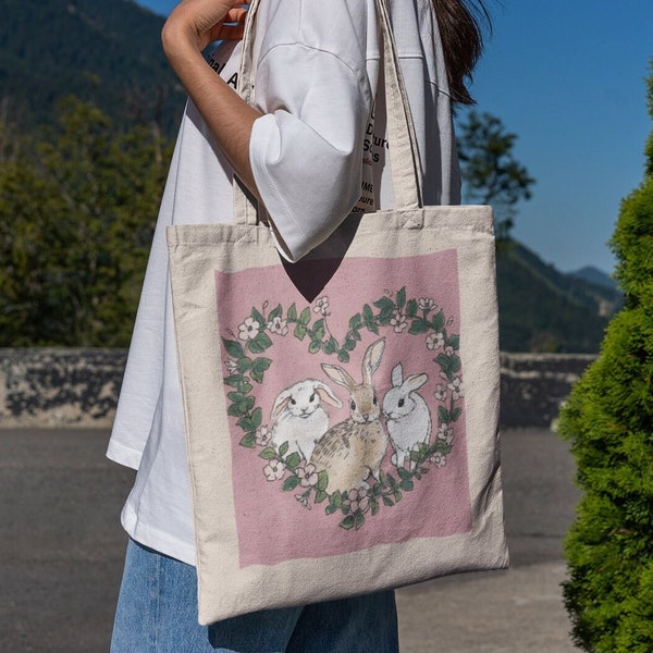 Coquette Bunny Friendship Tote Bag - Cute Tote Bag Collection, Cute Bunny Tote Bag, Aesthetic Tote Bags, Cute Book Bags