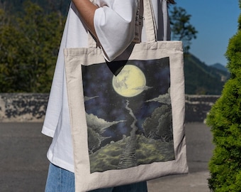 Stairway to the Moon Tote Bag - Aesthetic Tote Bags, Cute Tote Bags, Cottagecore Tote Bag, Cute Book Bags, Simplistic Tote Bags