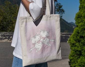 Two Cuddly Kitties Coquette Tote Bag - Cute Tote Bag, Coquette Tote Bag, Aesthetic Tote Bag
