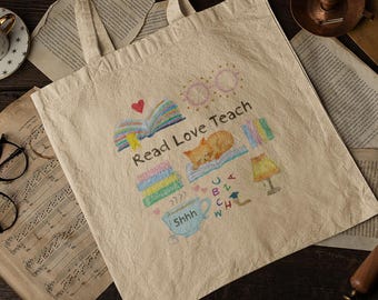 Read Love Teach Tote Bag - Teacher Tote Bag Cute Cat Book Bag, Teacher Gift, Back to School Tote Bag, Canvas Bag, Grocery Bag