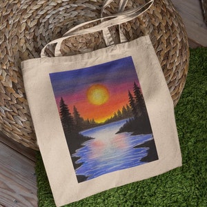 Aesthetic Tote Bag, Sunset Tote Bag, Frozen Lake Pine Tree Tote Bag, Book Bag