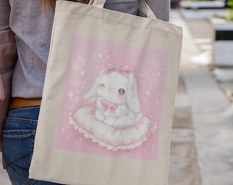 Coquette Pink Bunny Tote Bag - Aesthetic Tote Bag, Tote Bag, Pink Tote Bag, Canvas Bag, Coquette Tote Bag, Book Tote Bag, Bunny Tote Bag