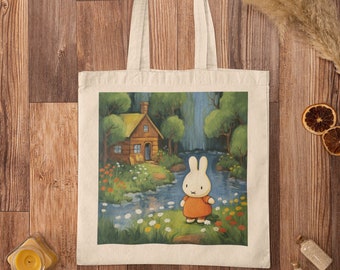Limited Time Red Bunny Cottage Tote Bag - Cottagecore, Bunny Tote Bag, Funny Tote Bag, Book Tote Bag