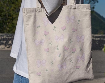 Coquette Bow and Flower Tote bag - Cute Tote bag, Aesthetic Tote Bag, Tote bag Gift, Canvas Bag, Book Bag, Grocery Bag