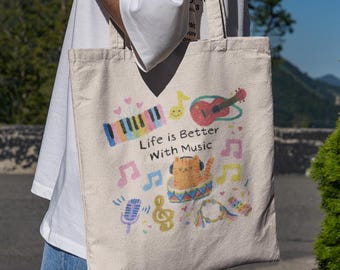 Life is Better With Music Tote Bag - Cute Tote Bag, Canvas Bag, Tote Bag, Book Bag, Canvas Tote Bag, Book Bag, Grocery Bag