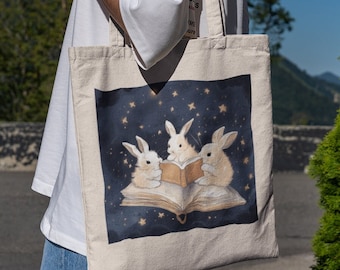 Magical Book Bunnies Tote Bag - Cottage Core, Cute Tote Bag, Cute Bunnies, Funny Bunnies,Bunny Tote Bag, Cute Book Bag, Dreamcore