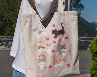 Kawaii Cats and Apples Tote Bag - Cute Cat Tote Bag, Pink Aesthetic Canvas Book Bag, Cat Lover Gift, Teacher Tote Bag, Cat Mom Gift