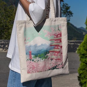 Mt Fuji Kirschblüte Tragetasche - Süße Tragetasche, Japan Tragetasche, Tragetasche, Canvas Tasche, Tragetasche Ästhetik, Beste Tragetasche, Tragetasche