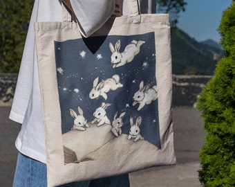 Magical Book Bunnies Tote Bag- Cottagecore, Cute Tote Bag, Cute Bunnies, Funny Bunnies, Bunny Core, Bunny Tote Bag, Cute Animal Tote