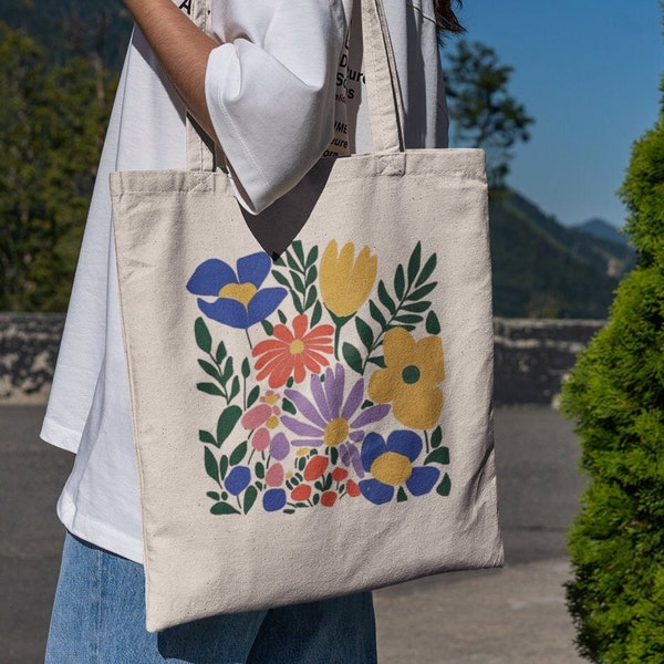 Colorful Assorted Flower Tote Bag - Cute Tote Bags, Grocery Bag, Aesthetic Book Bag, Cute Totes
