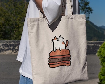 Cat Burger Tote Bag - Aesthetic Tote Bag, Canvas Bag, Book Bag, Tote Bag