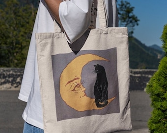 Bolso de mano con diseño de gato y luna: estilo cottagecore, bonito y acogedor.