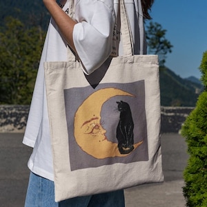 Cat and Moon Tote Bag - Cottagecore Tote Bag, Cute Tote Bag, Cozy Tote Bag