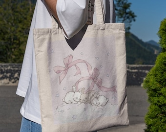 Pink Coquette Bunny Tote Bag - Cute Tote Bag, Aesthetic Tote Bag, Coquette Tote Bag