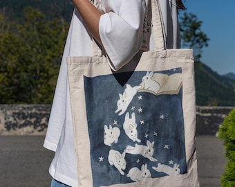 Magical Book Bunnies Tote Bag- Cottagecore, Cute Tote Bag, Cute Bunnies, Funny Bunnies, Bunny Core, Bunny Tote Bag, Cute Animal Tote