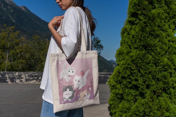 Pink Cats Tote Bag - Cute Tote Bag, Kitty Tote Bag, Book Bag, Gift Bag, Aesthetic Tote Bag