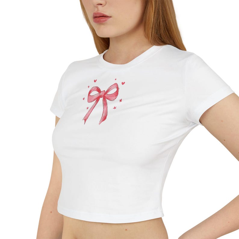 Coquette Bow Aesthetic Baby Tee Crop Top - Pinterest Aesthetic Clothing, Cute Fitted Crop Top, Custom Baby Tee Y2K, Y2K Baby Tee image 3