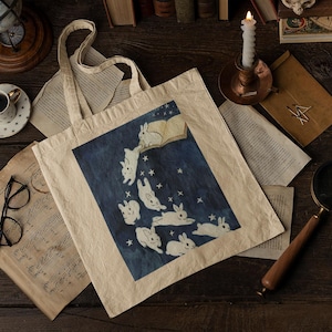 Dark Academia Theme Tote Bags, Cute Magical Book Bunnies. Leaping Book Bunnies