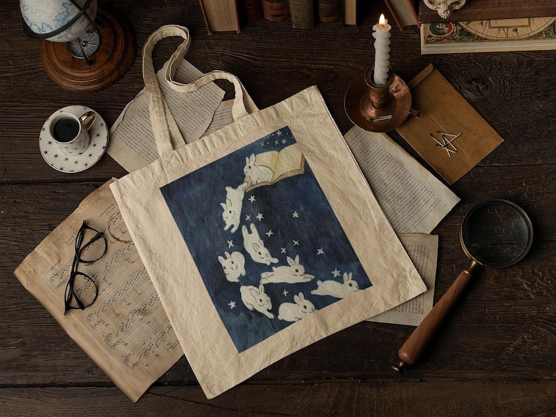 Dark Academia Theme Tote Bags, Cute Magical Book Bunnies. Leaping Book Bunnies