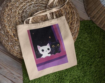 Borsa tote con gattino bianco e gattino nero - Borsa tote carina, borsa tote, borsa per libri, borsa tote estetica, borsa tote estetica, borsa della spesa, borsa tote a forma di gatto