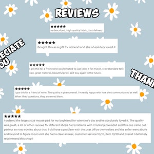 Puede incluir: Un fondo azul claro con margaritas blancas esparcidas por la superficie. El texto "WE APPRECIATE YOU" y "THANK YOU!" est&aacute;n escritos en blanco y negro en los lados izquierdo y derecho de la imagen. El centro de la imagen presenta rese&ntilde;as de cinco estrellas con texto que describe los productos y el servicio al cliente. El texto "REVIEWS" est&aacute; escrito en blanco y negro en la parte superior de la imagen.