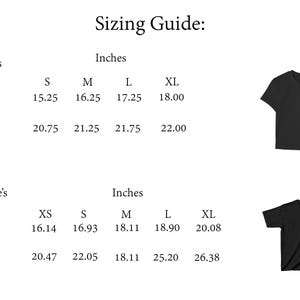 May include: Sizing guide for crop top and boxy baby tees with measurements in inches. The chart shows width and length measurements for sizes XS, S, M, L, and XL.