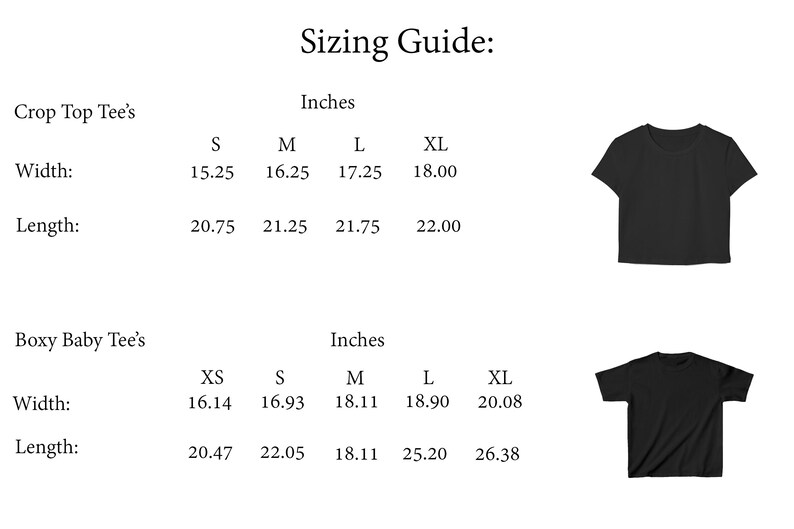 May include: Sizing guide for crop top and boxy baby tees with measurements in inches. The chart shows width and length measurements for sizes XS, S, M, L, and XL.
