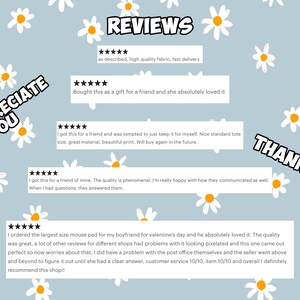 May include: A light blue background with white daisies scattered across the surface. The text "WE APPRECIATE YOU" and "THANK YOU!" are written in black text with a white outline. Five customer reviews are displayed in white boxes with black text. Each review includes a five-star rating and a customer comment.