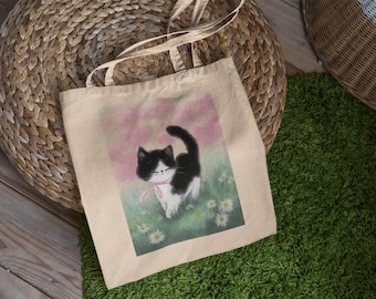 Bolsa de tela con diseño de gatito negro: estética, de lona, con diseño de gato negro, rosa y con gato.