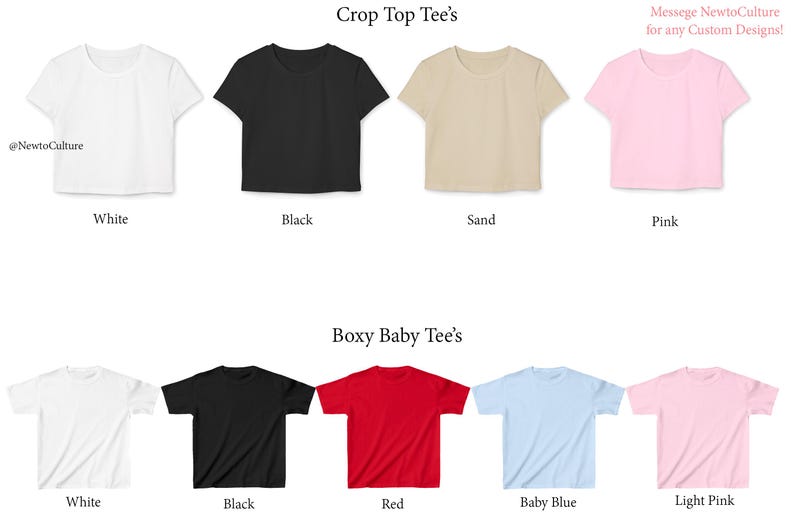 May include: A set of blank crop top and boxy baby tees in various colors, including white, black, sand, pink, red, baby blue, and light pink.  The tees are shown on a white background.
