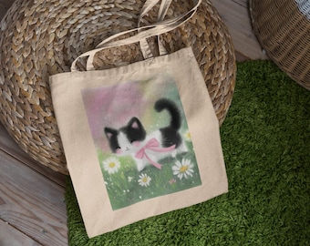 Borsa tote con gattino bianco - Borsa tote carina, borsa tote estetica, borsa tote a forma di gatto, borsa della spesa, borsa per libri, borsa tote regalo, borsa tote