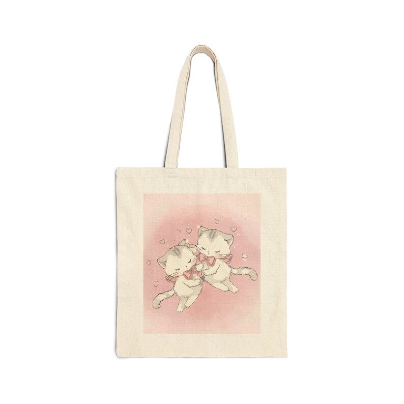 Two Cuddly Kitties Coquette Tote Bag - Cute Tote Bag, Coquette Tote Bag, Aesthetic Tote Bag image 2