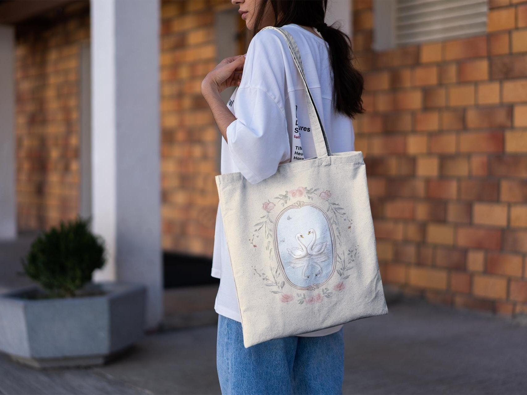 Coquette Swan Tote Bag - Book Bag, Grocery Bag, Cute Tote bags, Aesthetic Tote Bag, Tote Bag Gift, Cute Bag, Reusable Bag
