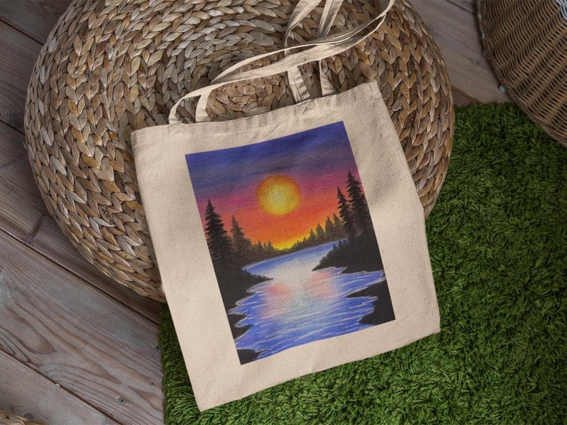 Aesthetic Tote Bag, Sunset Tote Bag, Frozen Lake Pine Tree Tote Bag, Book Bag