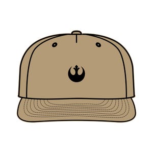 May include: A tan baseball cap with a black Rebel Alliance symbol on the front.
