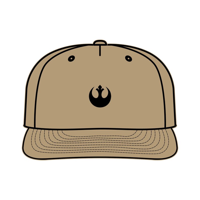May include: A tan baseball cap with a black Rebel Alliance symbol on the front.