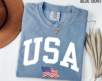 Comfort Colors® USA Flag Shirt, Cute 4th of July USA Shirt, Summer Patriotic T-shirt, Retro USA T-shirt, Independence Day Shirt