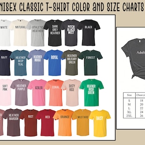 May include: A unisex classic t-shirt color and size chart featuring twenty-four short-sleeve shirts in various colors labeled with names like White, Navy, and Rust. A separate table displays adult sizes S to 2XL with chest and length in inches.