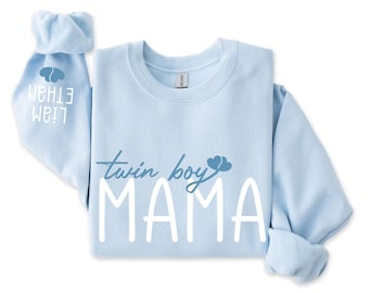 Personalized Twin Mama Sweatshirt, Boy Mom Sweater with Kids name on sleeve, Custom Girl Mom Hoodie, Baby Announcement Tee, Mom to be Shirt