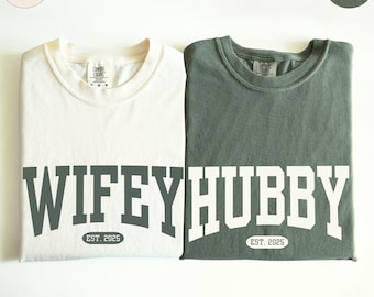 Comfort Colors® Wifey Hubby Shirt, Personalized Newlyweds Tee, Honeymooning T-shirt, Matching Wifey Hubby Tee, Custom Couple Anniversary Tee