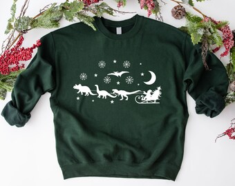 Christmas Sweatshirt Cute Dinosaur Sleigh Crewneck Funny Christmas Gift Sweater Holiday Dino Tee