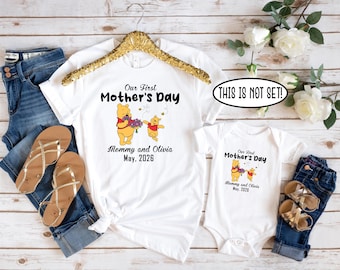 First Mothers Day Matching Shirt, Personalized Mommy and Me Tshirt, New Mommy Winnie the pooh Tee, Mom Girl Boy Baby Shirt, Baby Shower Gift
