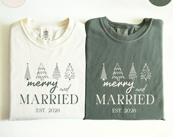 Comfort Colors® Christmas Wedding Shirt, Personalized Wedding Shirt with Date, Merry And Married Newlywed Shirt, Matching Honeymoon T-shirt