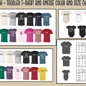 May include: A color and size chart for youth t-shirts, toddler t-shirts, and onesies. The chart displays various shirt colors labeled with text, including white, black, red, and yellow. Three tables provide width and length measurements in inches.