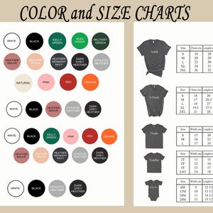 May include: Color and size charts for unisex, V-neck, youth, toddler, and bodysuit apparel. The charts show different colors and sizes available for each type of clothing. The chart includes measurements in inches.