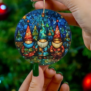 Christmas Gnome Ornament, Christmas Gnomes Retro Ornament Decor, Christmas Vintage Stained Glass