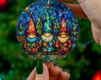 Christmas Gnome Ornament, Christmas Gnomes Retro Ornament Decor, Christmas Vintage Stained Glass