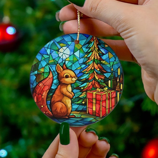 Squirrel Ornament, Retro Christmas Squirrel Ornament, Vintage Stained Glass Christmas Ornament Decor