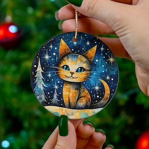 Adorno navideño de gato con vitrales: decoración retro de granja