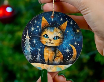 Cat Ornament, Retro Christmas Cat Ornament, Stained Glass Christmas Cats Ornament, Starry Night Kitten Decor, Cat Memorial Ornament
